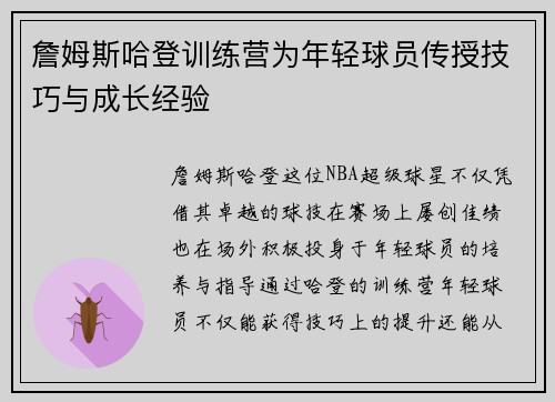 詹姆斯哈登训练营为年轻球员传授技巧与成长经验