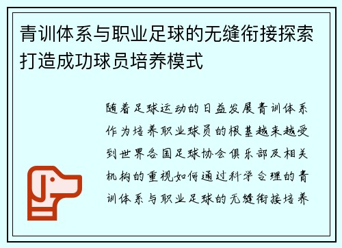 青训体系与职业足球的无缝衔接探索打造成功球员培养模式