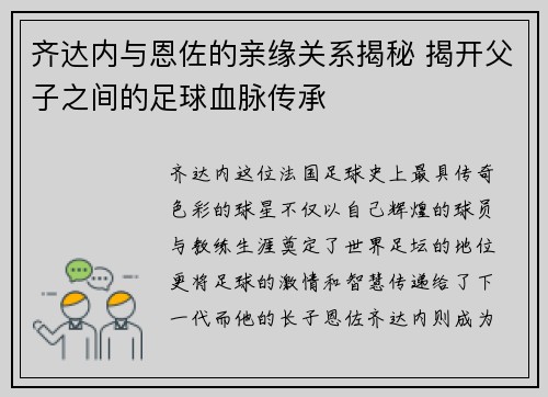 齐达内与恩佐的亲缘关系揭秘 揭开父子之间的足球血脉传承